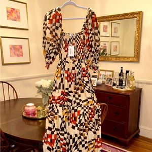 Tan & Rust Geo Print Smocked Midi-Dress